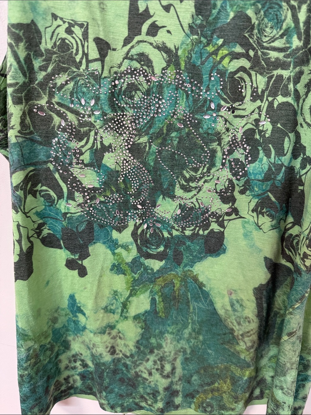 Green Floral Scoop Neck Tank Top with Rhinestone Accent - Picture 3 of 3